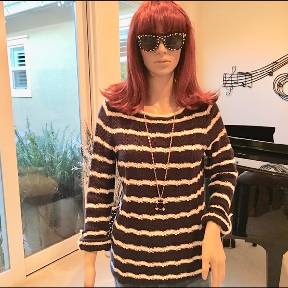 Navy & White Striped Cuffed Sleeve Sweater - Picture 1 of 5